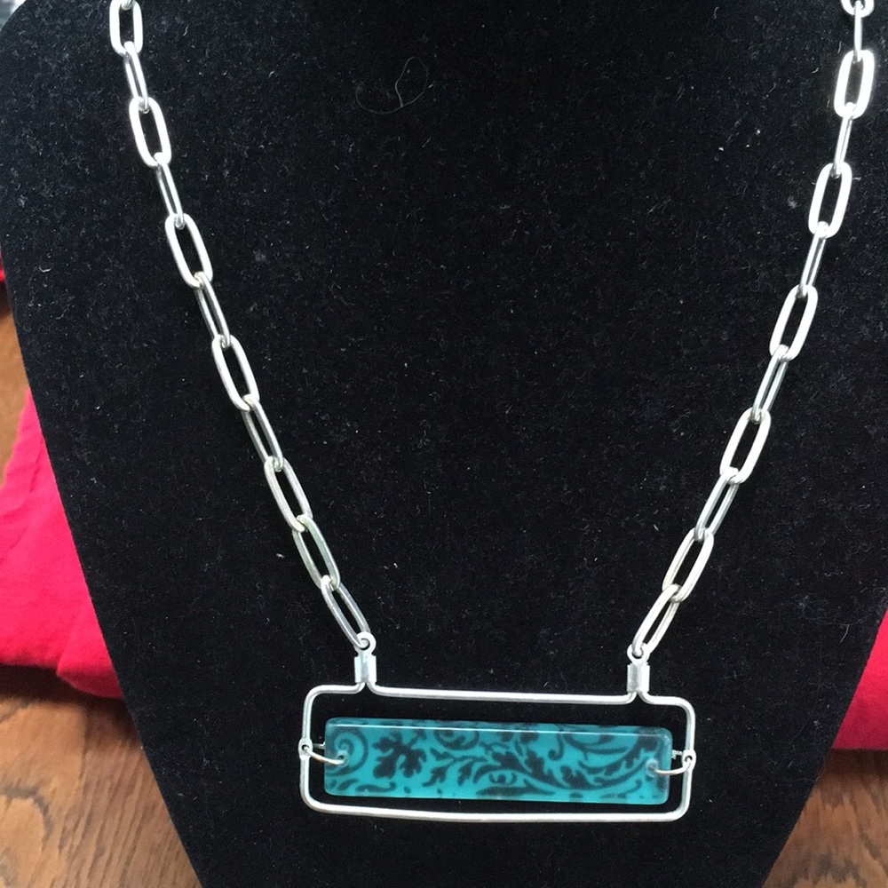 Overhead necklace/turquoise w/black nature design on a 12” drop silvertone chain